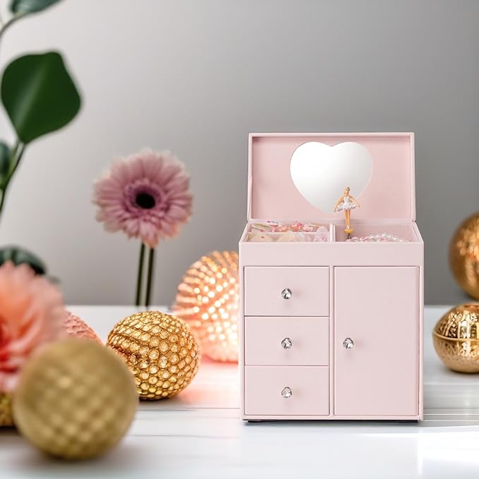 Vlando Musical Jewelry Box with Spinning Ballerina, Girls’ Jewelry Organizer for Necklaces Rings and Hair Accessories, Gift for Girls and Kids, Barely Pink - Image 5