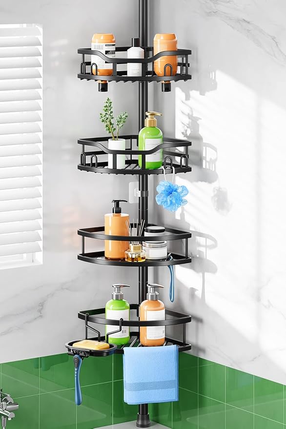 HAMITOR Shower Caddy Tension Pole: Rustproof Quick Install Corner Bathroom Organizer Shelf on Floor for Renters - 4-Tier Large Capacity Storage Rack with Soap Holder for Apartment -47-121 Inch/Black by HAMITOR
