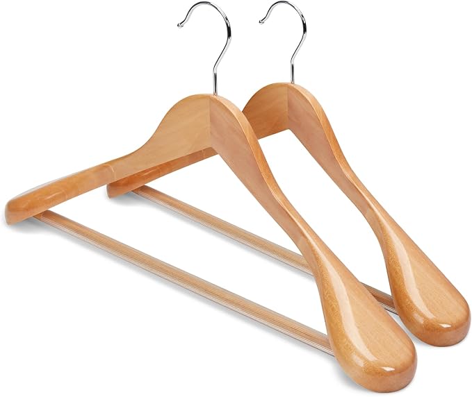 HOUSE DAY Wood Suit Hangers for Men, Smooth Wide Shoulder Wooden Hanger with Non Slip Pant Holder, Wide Hangers for Suits, Coats, Jackets, Heavy Wide Clothes Hanger 2 Pack, Natural by HOUSEDAY