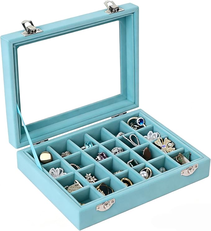 Velvet Jewelry Box 24 Grid Jewelry Earrings Display Organiser Box Ring Tray Holder Earrings Storage Case for Girls Women Wife Mom (Light blue) - Image 3