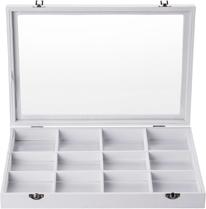 Frebeauty Velvet Jewelry Tray,12 Grid Jewelry Organizer with Clear Lid,Bracelets Holder,Jewelry Display Case with Clasp,Drawer Insert Bangle Brooch,13.8 x 9.5 x 2 Inches,Gift for Women Girls(White) - Image 2