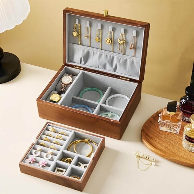 Bescott 2 Layer Solid Black Walnut Wooden Jewelry Box for Women Wood Vintage Organizer for Men Earrings Rings Necklaces Bracelet Watch Storage - Image 3