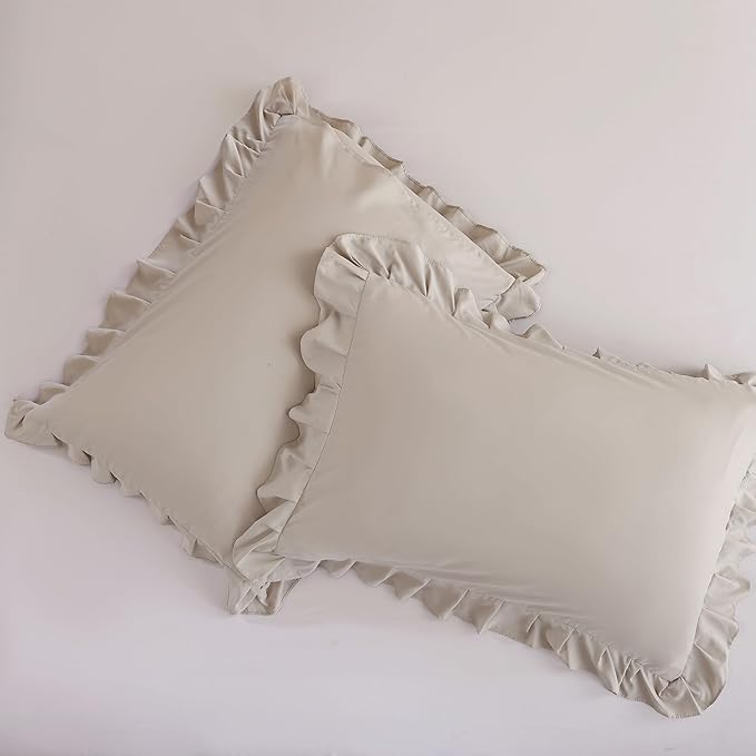 JANZAA Queen Comforter Set Oatmeal Comforter for Queen Size Bed 3PCS (1 Ruffle Comforter and 2 Pillowcases) Vintage Shabby Chic Bedding Soft Fluffy Comforter Set All Season