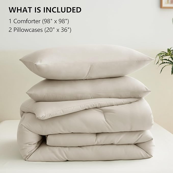 CozyLux Oversized Queen Comforter Set Beige, 3 Pieces 98x98 Solid Breathable Quilted Bedding Sets for All Season, Luxury Soft Lightweight Bed Set with Down Alternative Comforter and 2 Pillowcases