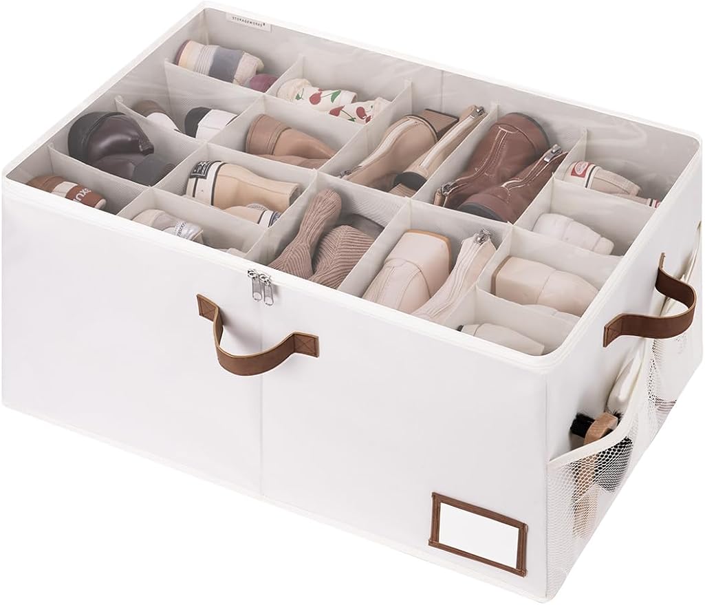 StorageWorks Shoe Organizer for Closet, Shoe Storage with Side Mesh Pocket, Shoe Cubby With Clear Cover, Storage Shoe Containers for Sneakers and Sandals, Fits up to 20 Pairs, Beige by StorageWorks