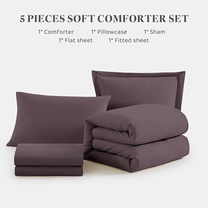 WRENSONGE Twin Comforter Set- 5 Pieces Artic Plum Twin Bed in a Bag, All Season Twin XL Bedding Sets with 1 Fitted Sheet, 1 Flat Sheet, 1 Pillow Sham and 1 Pillowcase