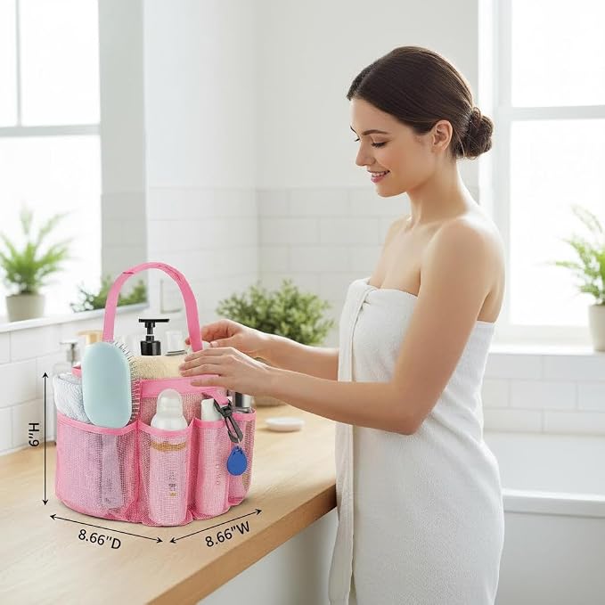 Mesh Shower Caddy Portable for College Dorm Room Essentials,Hanging Shower Caddy Dorm Basket with 8 Pockets,Quick Dry Shower Bag for Bathroom,Beach,Swimming,Gym (Light Pink) - Image 2