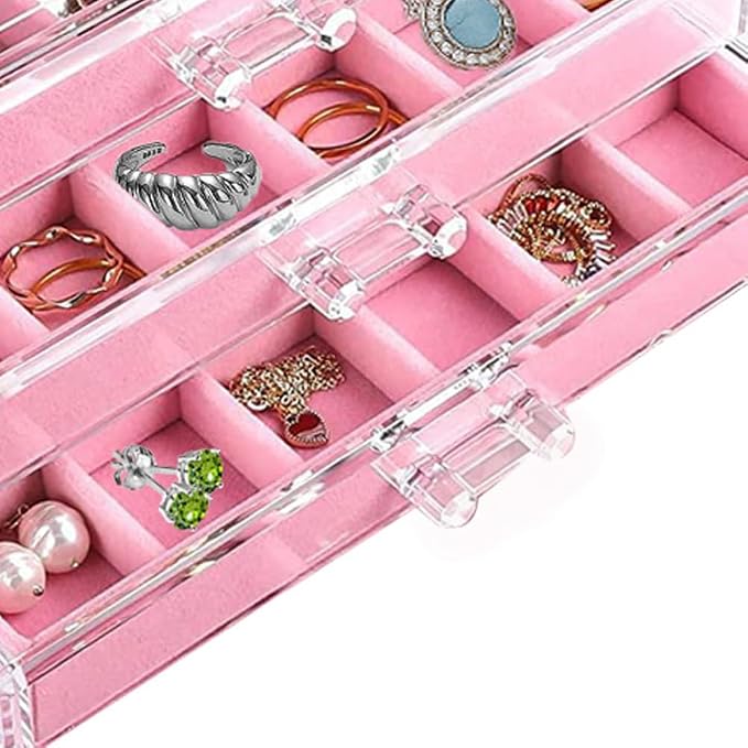 YUFONG Earring Organizer Box Acrylic Jewelry Organizer with 3 Drawers 54 Adjustable Grids Clear Stackable Earring Holder Velvet Trays Ring Display Case for Women Girls (Pink) - Image 2