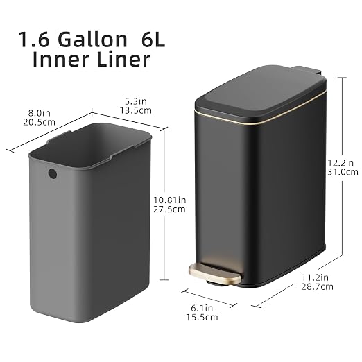 KUK Slim Bathroom Trash Can with Lid, 1.6 Gal / 6L Stainless Steel Small Garbage Bin with Detachable Inner Bucket, Step Pedal, Silent Close, Wastebasket for Toilet, Bedroom, Home, Office (Black) - Image 5