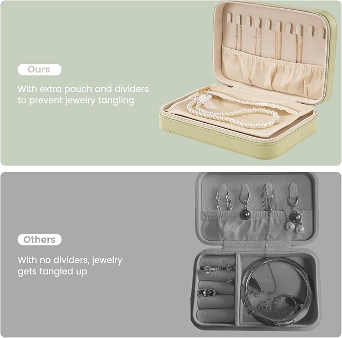 Lolalet Travel Jewelry Case for Women Girls, Travel Jewelry Organizer Box with Mirror & Clear Storage Bag, Small Portable Earring Necklace Bracelet Ring Case, Birthday Valentine Gifts -Medium, Green - Image 3