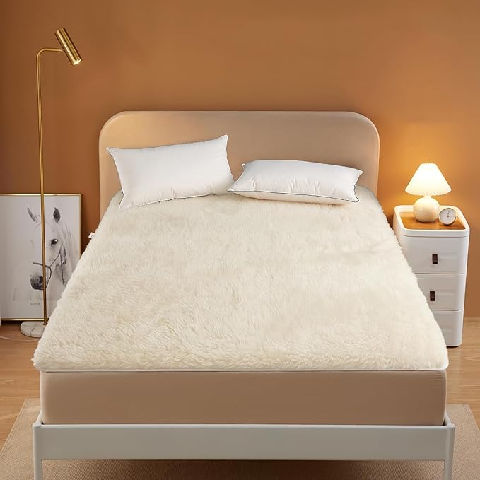 100% Wool Fleece Fitted Mattress Cover Pad with Elastic Bands,Breathable Lamb Wool Mattress,Thicken Pure Wool Bed Topper,Folding Lamb Velvet Mattress,for Twin/Full/Queen/King(Queen, White)