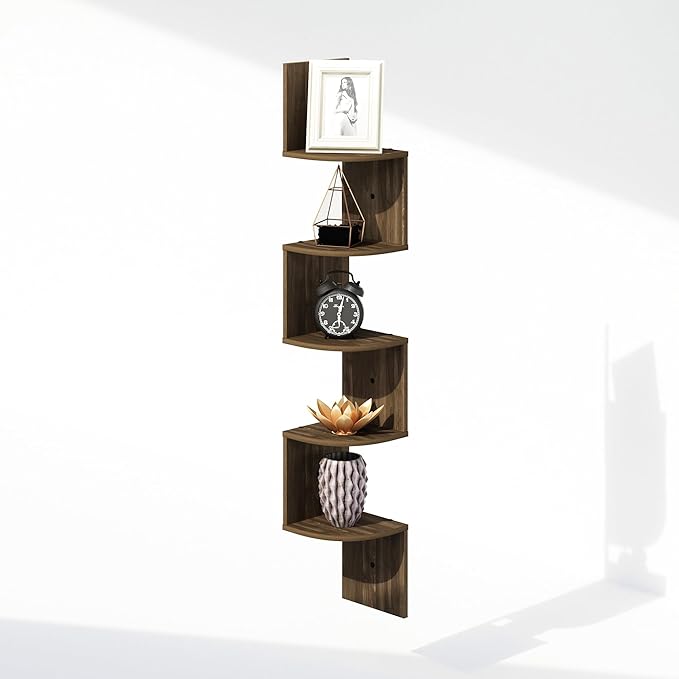 Furinno Rossi 5-Tier Floating Corner Shelf for Wall, Corner Zigzag Shelf Wall Mounted, Radial Wall Mount Shelves, for Home Office, Living Room, Bedroom, Bathroom, Columbia Walnut - Image 3