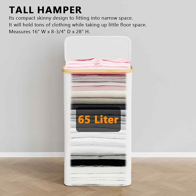 SpaceAid Slim Laundry Hamper with Lid, 65L Narrow Clothes Basket Bin with Bamboo Handles, Skinny Tall Collapsible Hamper for Bedroom, Bathroom, Dorm, Laundry Room - White - Image 5