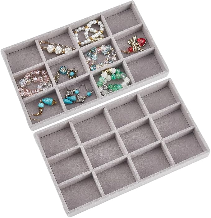 2Pcs 5 x 8.3 Inch Velvet Jewelry Trays Stackable Jewelry Organizer Removable Divider 12 Grids Divided Gray Necklace Storage Container Box Dresser Drawer Case for Earring Ring Display Showcase - Image 7