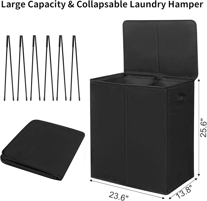 WOWLIVE 140L Double Laundry Hamper with Lid and Removable Laundry Bags, Large Dirty Clothes Hamper 2 section Collapsible Laundry Basket Dorm Room Storage for Bedroom, Bathroom, College,Black - Image 3