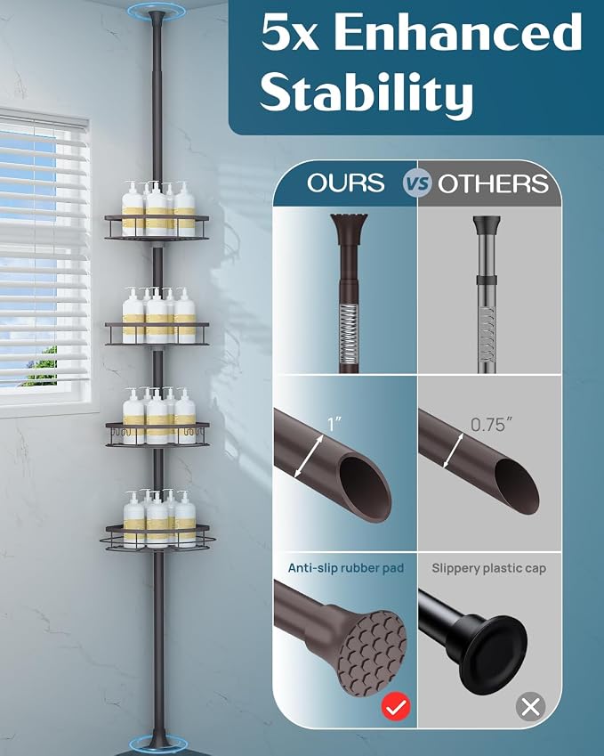 SEIRIONE Rustproof Shower Corner Caddy Organizer for Bathroom, Tension Pole with 4 Baskets, for Bathtub Storage Rack, 34 to 116 Inch Height, Bronze - Image 5