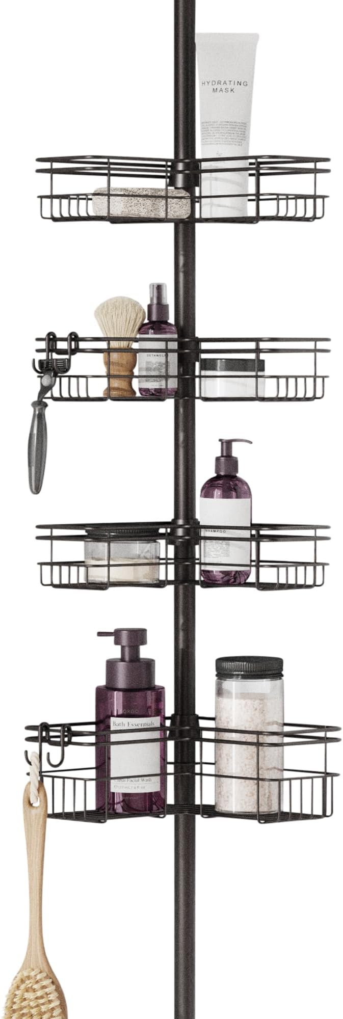 Zenna Home Tension Pole Shower Caddy Corner Organizer, Adjustable Standing Shower Caddy with 4 L-shaped Baskets and Hooks, Rust Resistant Bathroom Tension Rod Organizer, 60 to 97 Inch, Bronze by ZennaHome