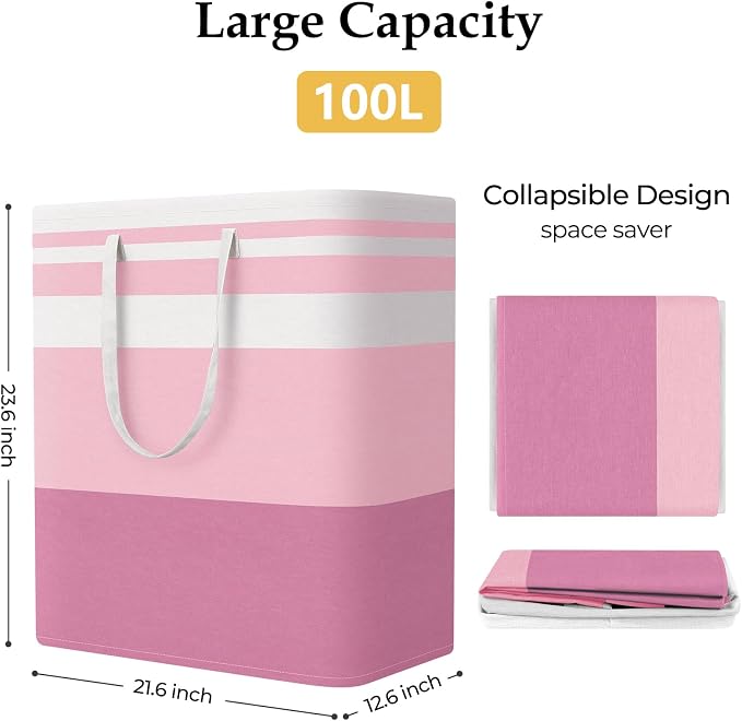 StorageRight Large Collapsible Laundry Basket Hamper with Easy Carry Handles，Freestanding Clothes Hampers for Laundry, Bedroom, Dorm, Towels, Toys, 100L, Pink - Image 2