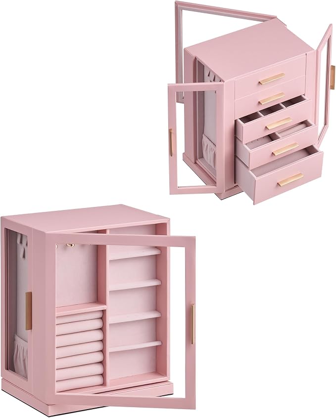 Glimmloop 360° Rotating Jewelry Box with 5 Drawers, Spacious Vertical Jewelry Organizer with Glass Window, Jewelry Storage Case, Dustproof & Moisture-resistant Design, Pink - Image 7