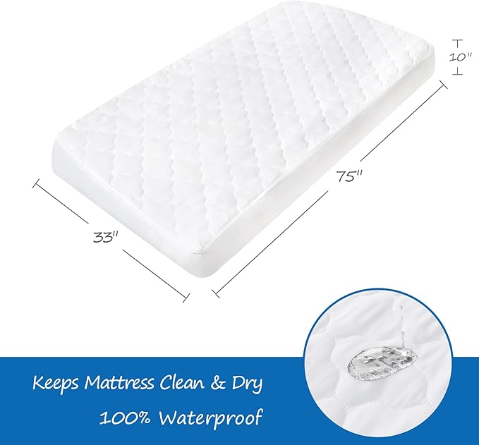 Cot Mattress Pad Waterproof 2 Pack, Quilted Cot Size Mattress Pads Cover 30" X 75" Fitted for Narrow Twin/Camp Bunk/Rvs Bunk/Guest Beds, Soft Microfiber Protector Topper, White (Cover Only)