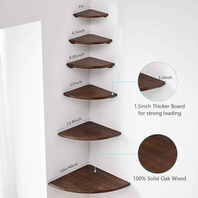 Corner Shelf, Solid Oak Wood Floating Corner Shelf Wall Mount Round End Floating Speaker Shelves with Wire Hole for Small Plant Photo Frame for Bedroom Kitchen, Living Room (Walnut, 7in) - Image 6