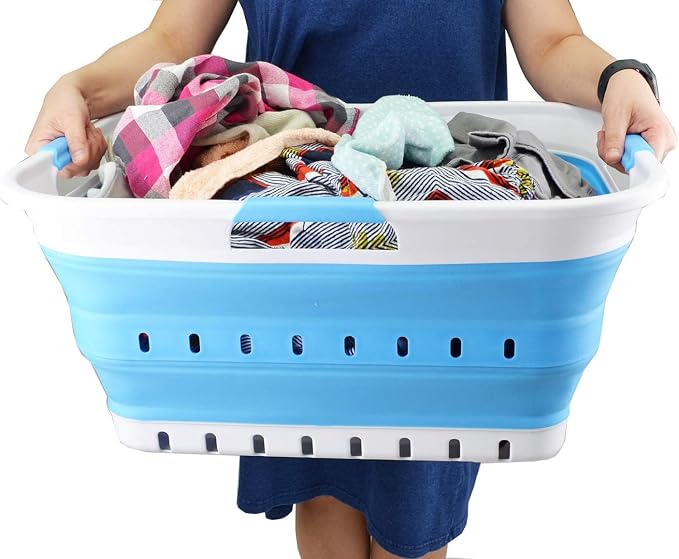 SAMMART 42L (11 gallon) Collapsible Plastic Laundry Basket - Foldable Pop Up Storage Container/Organizer - Space Saving Hamper/Basket (1, White/Marine Blue) - Image 7