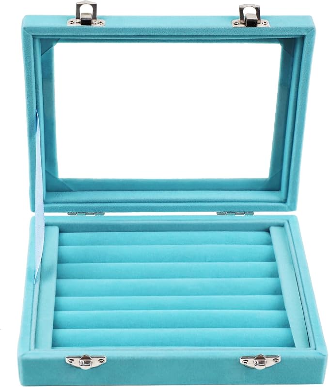 Jewelry Box Rings Organizer Tray 7 Slots Velvet Jewelry Earring Storage Box With Transparent Lid Jewelry Display Case for Girls Women (Light Blue) - Image 6
