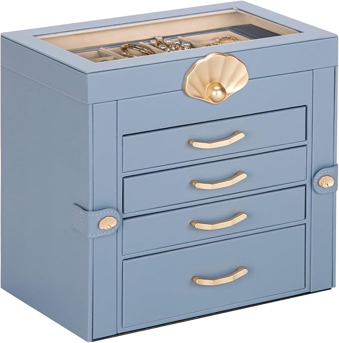 Enthralite Jewelry Box with 4 Drawers: Display Organizer for Earrings Necklaces - Gifts for Girls Women (Grey Blue) by Enthralite