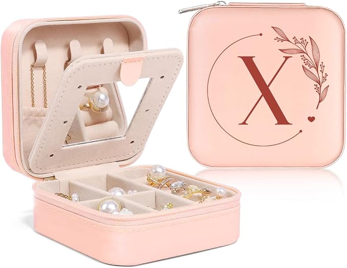 SANDJEST Personalized Jewelry Box, Pink Small Travel Jewelry Box with Initial X, Monogrammed Jewelry Case Organizer for Girls Women Teen, Mini Travel Essentials Gifts for Christmas Birthday by SANDJEST