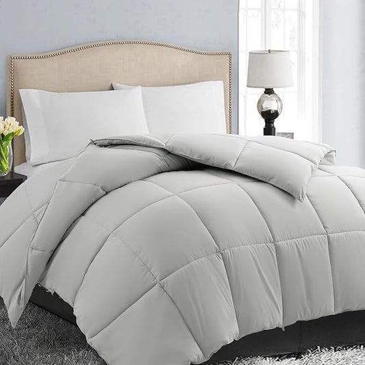 EASELAND Twin Size Down Alternative Comforter - Quilted Duvet Insert for All Seasons, Soft Lightweight with Corner Tabs, Summer Winter Warm Bedding, Light Grey 64×88 Inches