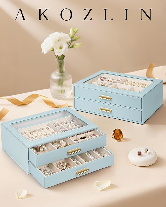 AKOZLIN Jewelry Box with Clear Lid Functional Leather Jewelry Storage Organizer Case 3 Drawers for Women Girls Necklace Ring Bracelet Earring - Image 8