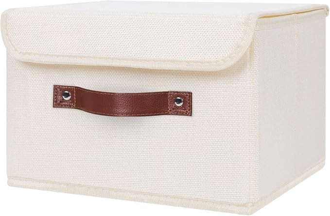 ANMINY Storage Bin with Lid Storage Boxes with PU Leather Handles PP Plastic Board Decorative Foldable Lidded Cotton Linen Fabric Home Cubes Baskets Closet Organizer Container - Beige, Medium by ANMINY