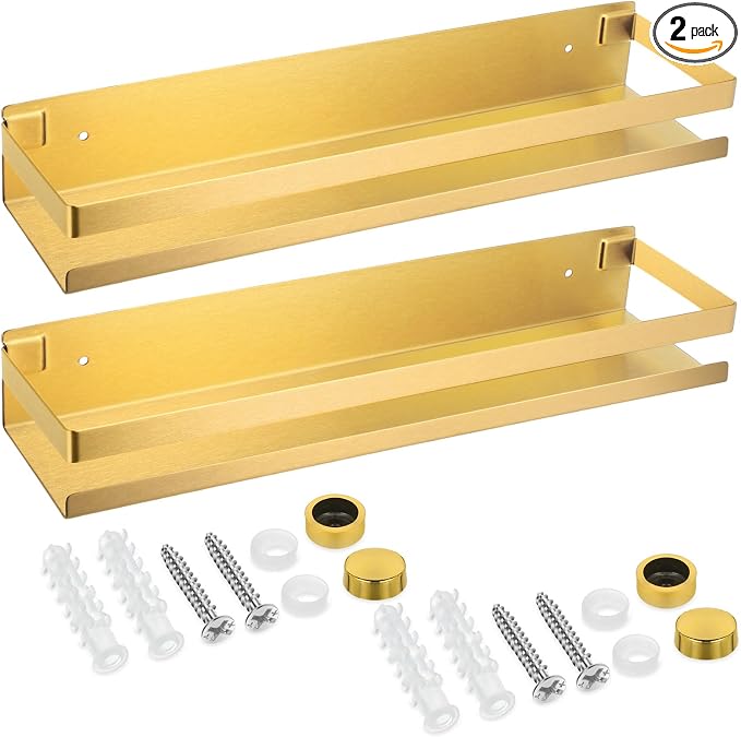 Lallisa 2 Pieces Stainless Steel Shelf Bathroom Shower Floating Shelves Wall Mounted Shower Caddy Basket Shelf Storage Organizer Shelves for Bathroom, Kitchen, Living Room(15.75 Inch/ 40 cm,Gold) by Lallisa