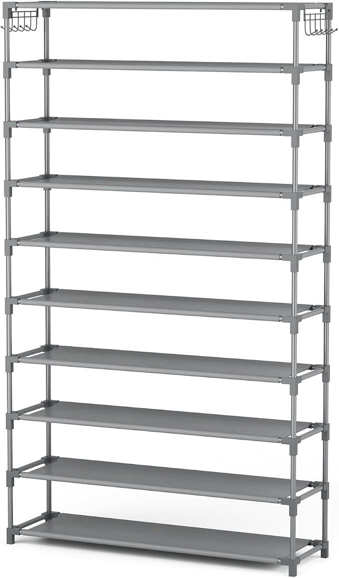 LANTEFUL 10 Tiers Shoe Rack 50 Pairs Large Capacity Tall Shoe Organizer Sturdy Shoe Storage with Two Hooks Space Saving Metal Wide Shoe Rack for Closet, Entryway, Bedroom, Grey - Image 8