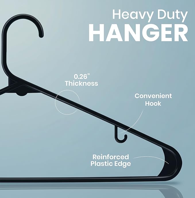 Utopia Home Plastic Hangers 50 Pack - Space Saving Clothes Hanger - Durable & Strong Closet Organizers and Storage with Built-in Strap Hooks - Essential for Shirts, Pants, Skirts & Coats (Black) - Image 2