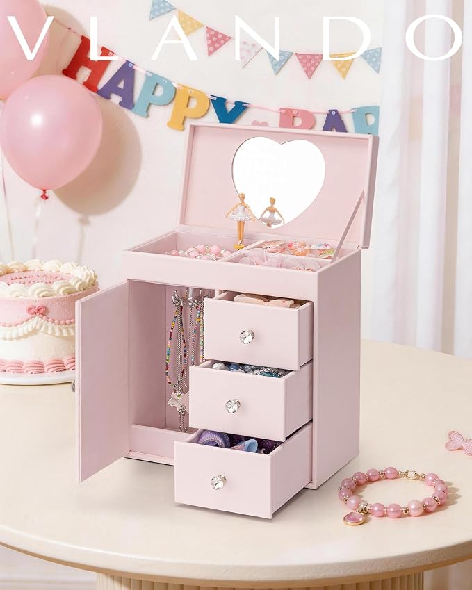 Vlando Musical Jewelry Box for Girls - Valentines Day Gift for Kid - Large Kid Music Box with Ballerina for Birthday Bedroom Decor, 4 Layer Girl Jewelry Gifts for Girls Kids - Light Pink - Image 2