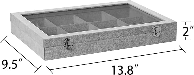 Frebeauty Velvet Jewelry Tray,12 Grid Jewelry Organizer with Clear Lid,Bracelets Holder,Jewelry Display Case with Clasp,Drawer Insert Bangle Brooch,13.8 x 9.5 x 2 Inches,Gift for Women Girls(Grey) - Image 3