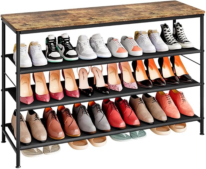 INGIORDAR Shoe Rack Organizer 5 Tier Metal Organizer Shelf with Industrial MDF Board and Layer Fabric for Entryway Closet Bedroom Living Room Garage (Black+Rustic Brown, 4 Tier(47.2" W)) by INGIORDAR