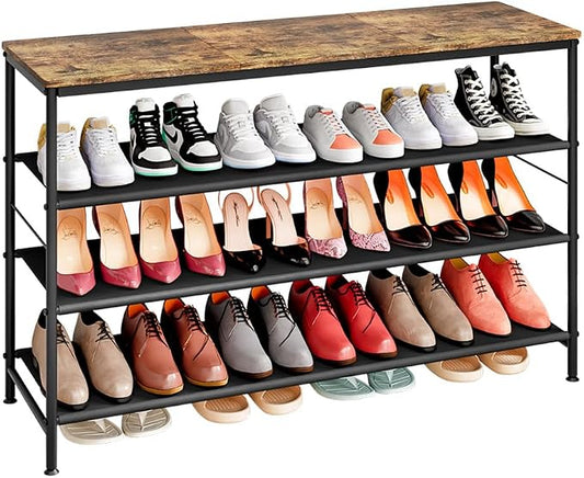 INGIORDAR Shoe Rack Organizer 5 Tier Metal Organizer Shelf with Industrial MDF Board and Layer Fabric for Entryway Closet Bedroom Living Room Garage (Black+Rustic Brown, 4 Tier(47.2" W)) by INGIORDAR