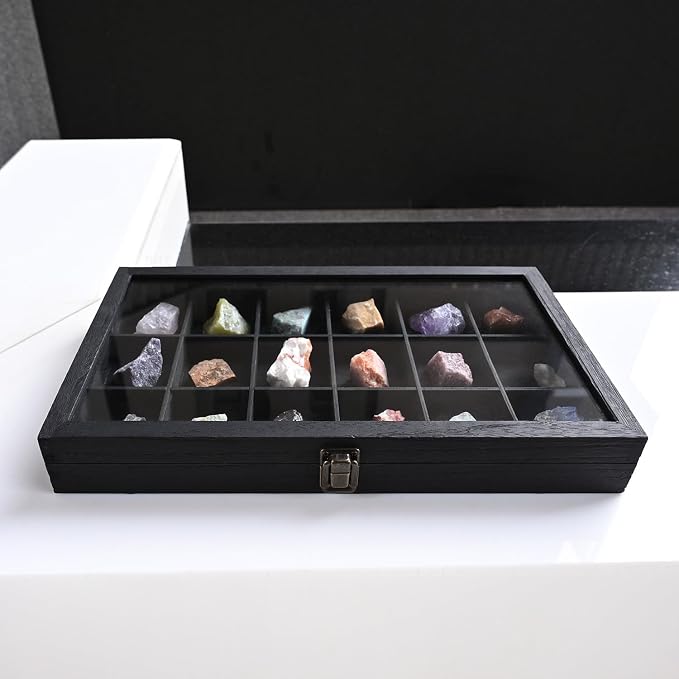 MOOCA Wooden Jewelry Display Case with Tempered Glass Lid & 18 Compartments Tray, Rock Collection Box, Crystal Display Case, Black Color - Image 8
