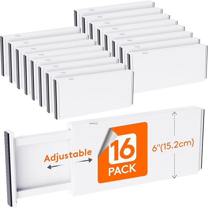 Lifewit 16 Pack 6" High Drawer Dividers 34-56cm/13.5-22" Adjustable Drawer Organizer for Clothes/Utensils, Expandable Drawer Separator in Dresser/Kitchen/Bedroom/Office Organization & Storage White by Lifewit