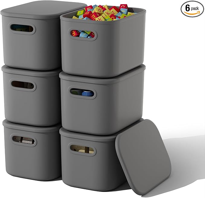 ORGIDOL 6 Pack Grey Storage Bins with Lids Stackable Storage Container for Organizing, Storage Boxes with Handle for Shelves, Cute Organizer Bins for Craft, Snacks, 9.85x6.9x5.7 inch by ORGIDOL