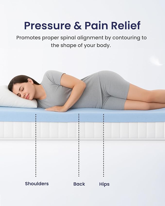 LOUNJ Gel Memory Foam Mattress Topper King, 3 Inch Cooling Bed Topper for Back Pain Relief and Pressure Support, CertiPUR-US Certified, Made in USA, Blue