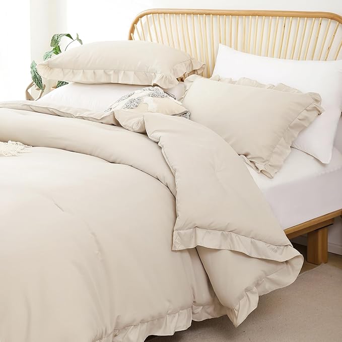 JANZAA King Size Comforter Set Beige Ruffle Comforter 3PCS Soft Fluffy Boho Comforter Vintage Farmhouse Bed Set Shabby Chic Bedding with 2 Pillowcases for All Season