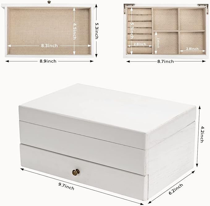 Meangood Jewelry Box Organizer for Women, 2 Layer Large Jewelry Storage Case, Rustic Wooden Jewelry Box with Mirror & Ring Tray for Necklace Earring Bracelets Rings, Vintage Style (White) - Image 6