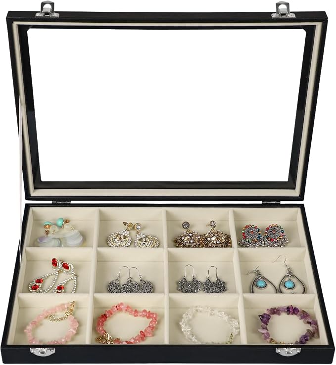 Stratalife Jewelry Organizer Bracelet Holder Organizer Box Earring Storage Drawer Jewelry Display Anti Tarnish Ring Holder For Women Girls 12 Grid (Beige Black) by Stratalife