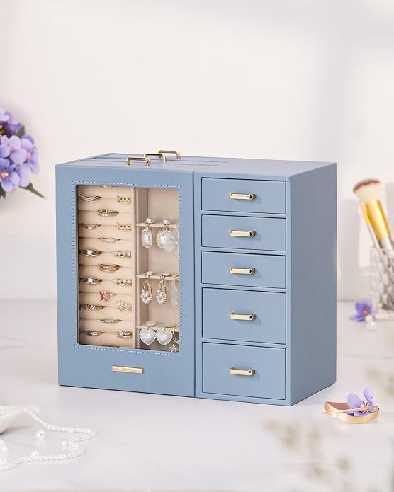 Homde Large Jewelry Box/Organizer/Case with Glass Window, Drawers for Necklaces Earrings Rings Bracelets Watches Gift for Women Girls - Image 8