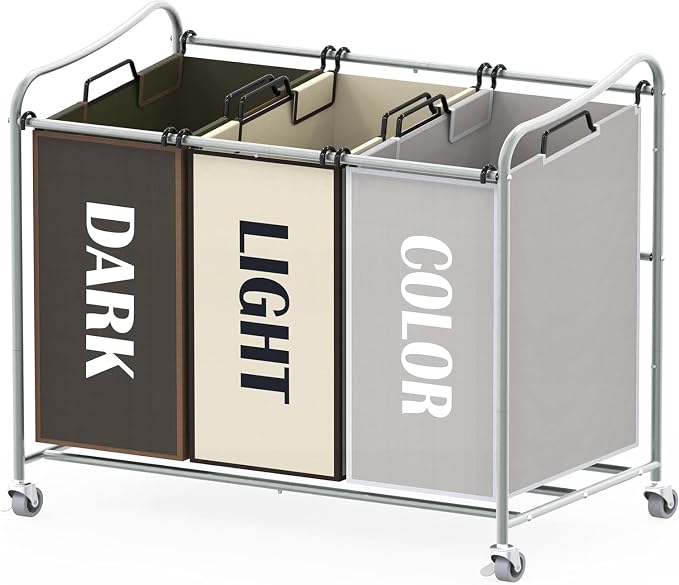 Simple Houseware Heavy Duty 3-Bag Laundry Sorter Rolling Cart, Silver/Assorted – Durable Triple Laundry Hamper with Removable Bags and Lockable Wheels for Laundry Room Organization by SimpleHouseware