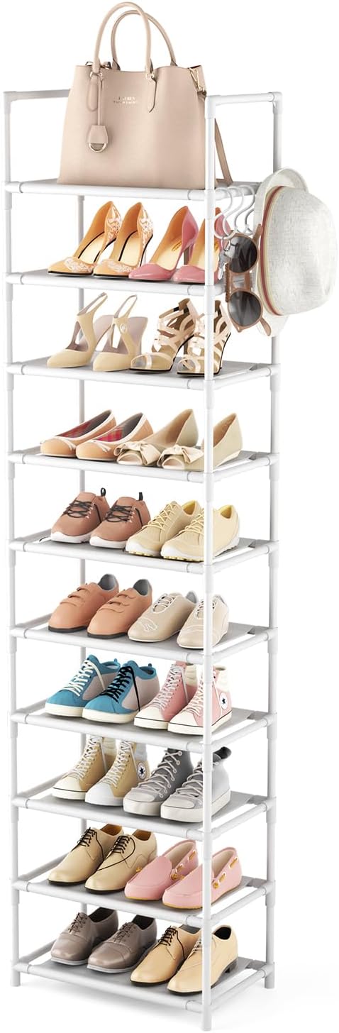 LANTEFUL 10 Tiers Tall Shoe Rack 20-25 Pairs Boots Organizer Storage Sturdy Narrow Shoe Shelf for Entryway, Closets with Hooks, White by LANTEFULforTidyingHouse