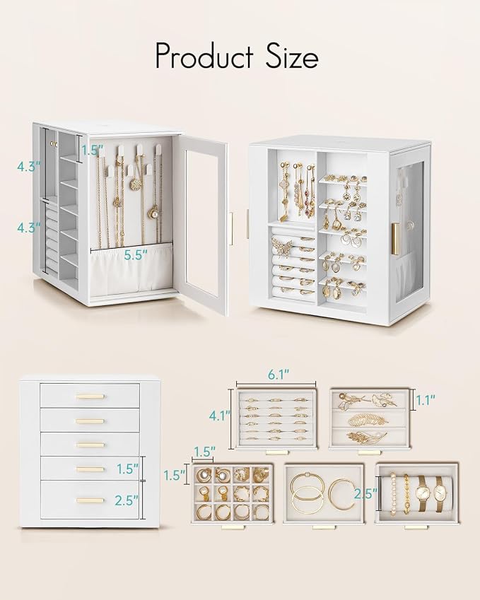 VLANDO 360° Rotating Jewelry Box with 5 Drawers, Large Jewelry Storage with 2 Glass Window, PU Leather Jewelry Organizer for Bracelets, Necklaces, Earrings, Rings - White - Image 5